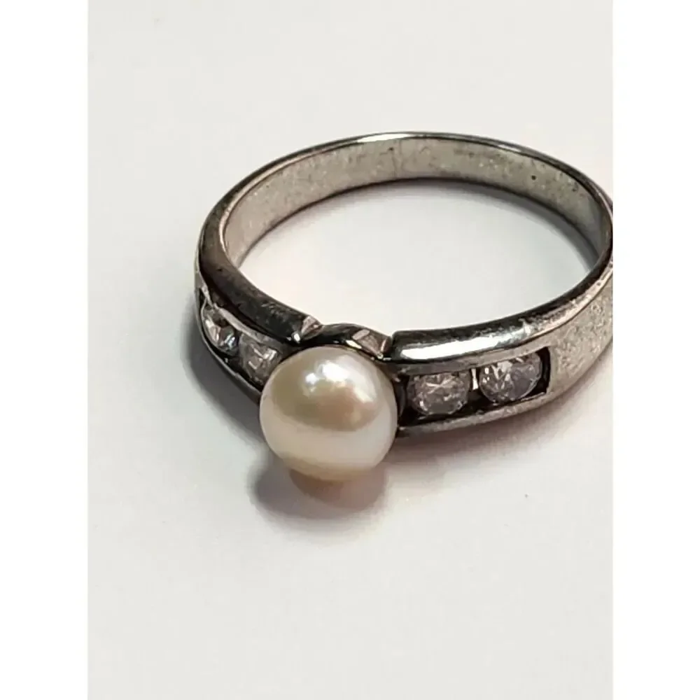Pearl and Crystal Accent Sterling Silver Plated Ring Size 8